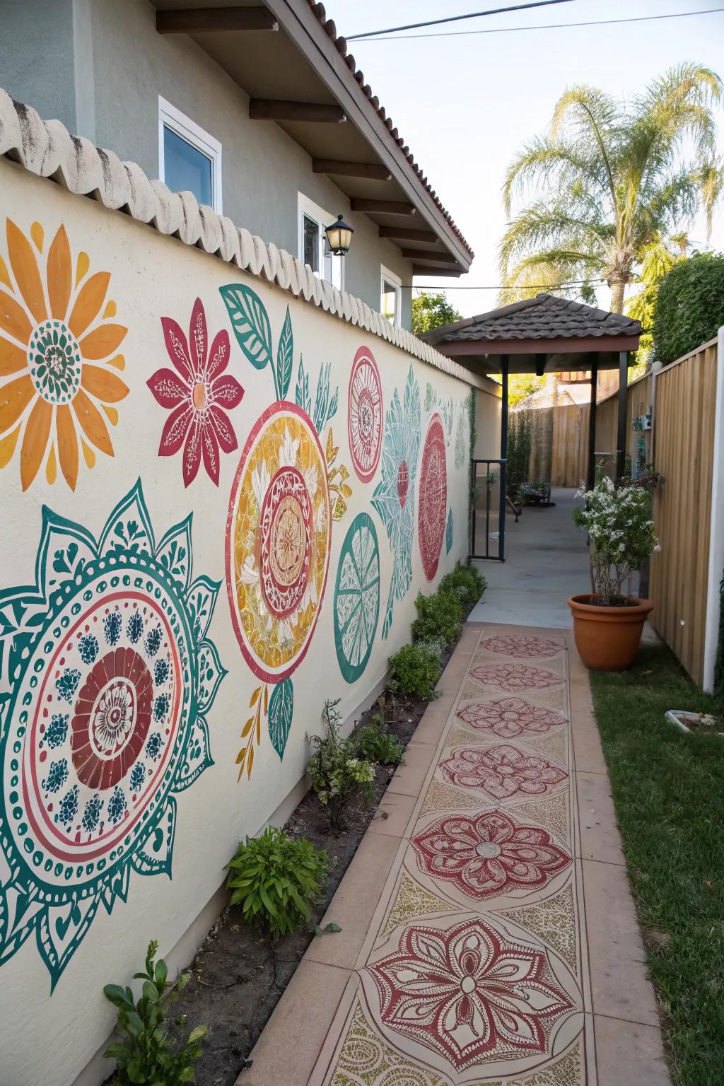 Artistic wall appliques infuse the patio with dynamic patterns and color.