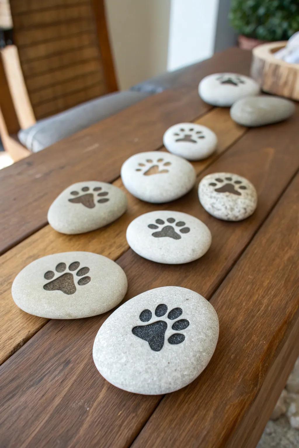 Comforting engraved tokens with paw prints, offering reassurance.