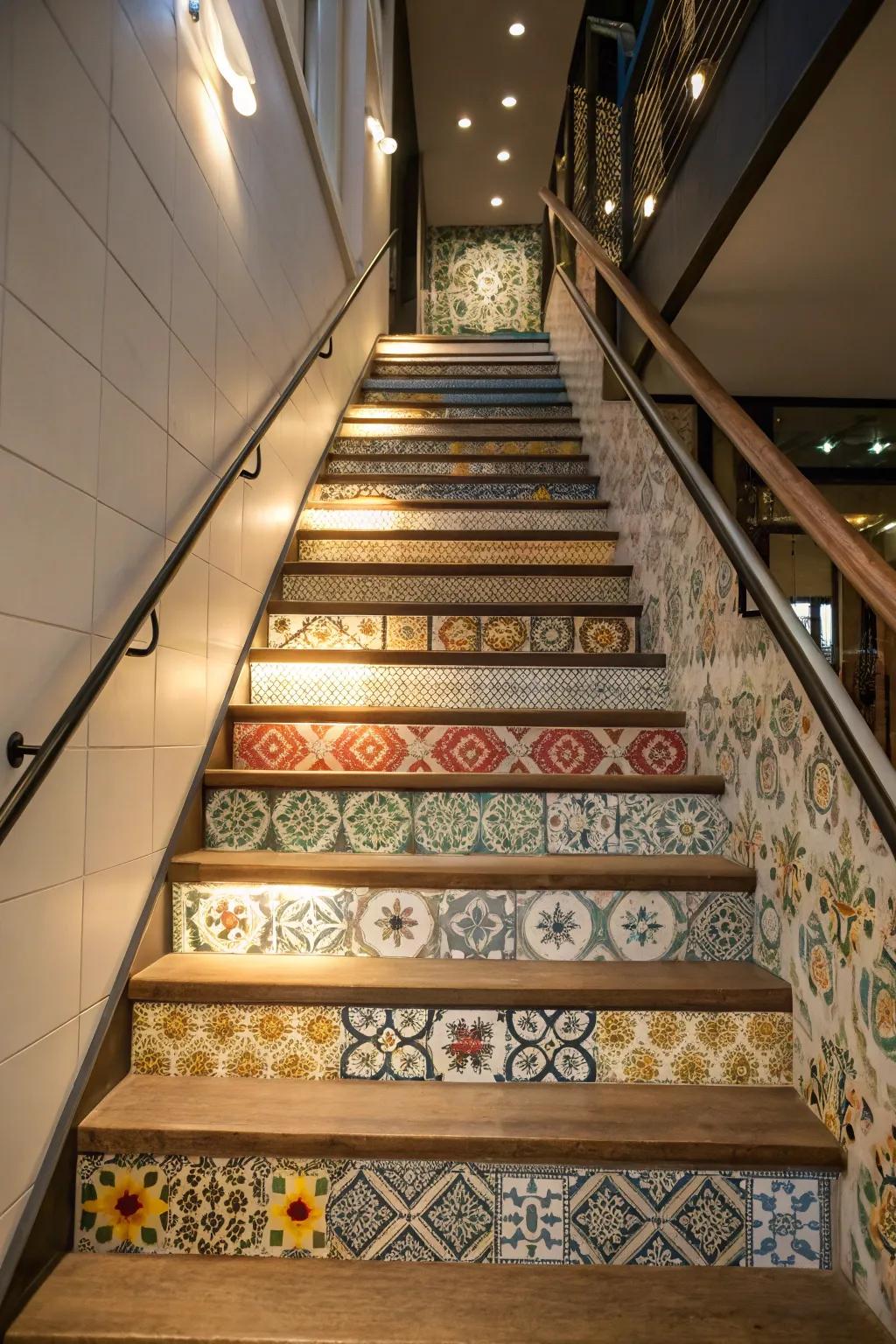 Introduce panache into your staircase using patterned wallpaper accents.