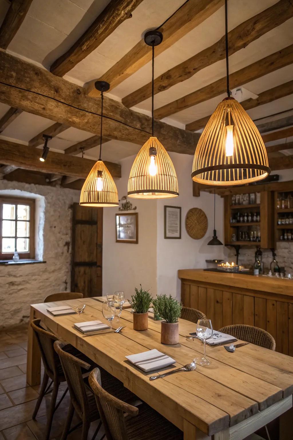 Provincial pendants augment a snug, agrarian sentiment.