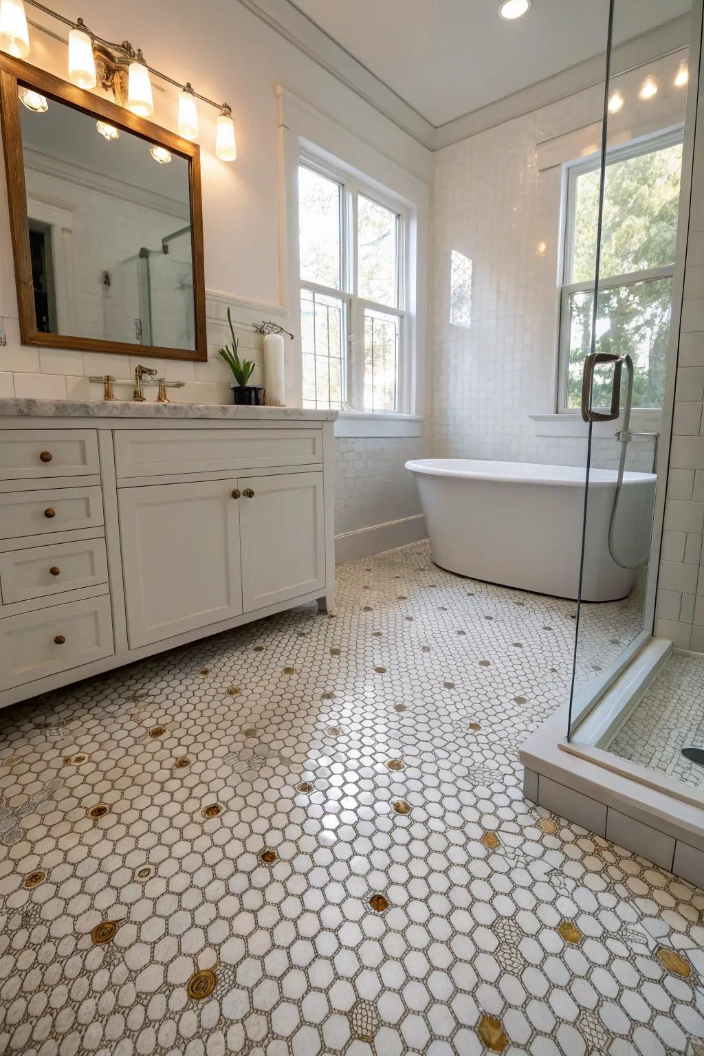 Penny rounds augmenting the illumination within a radiant bathing room.