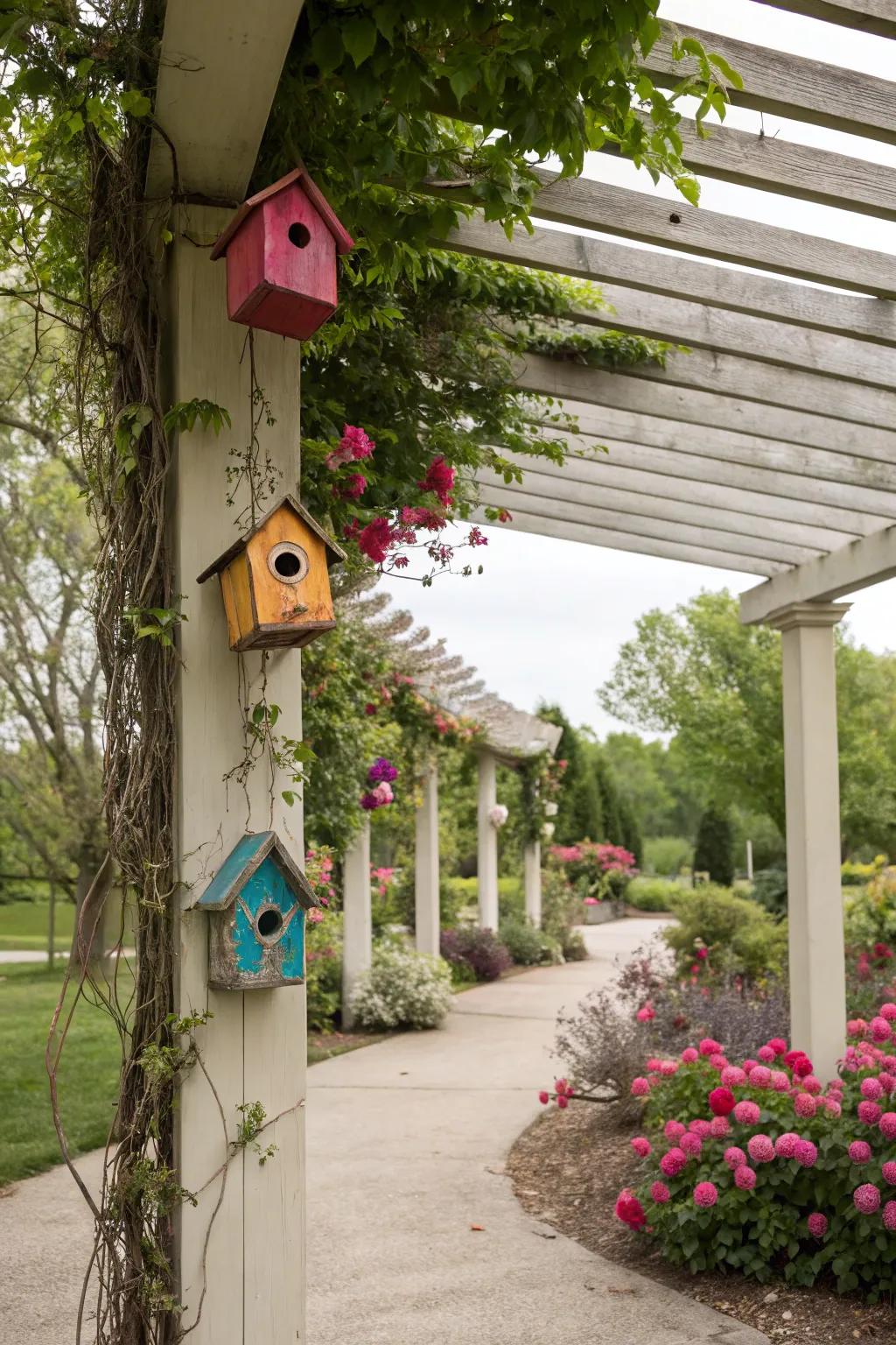 Quirky avian abodes add charm and invite nature to your pergola.