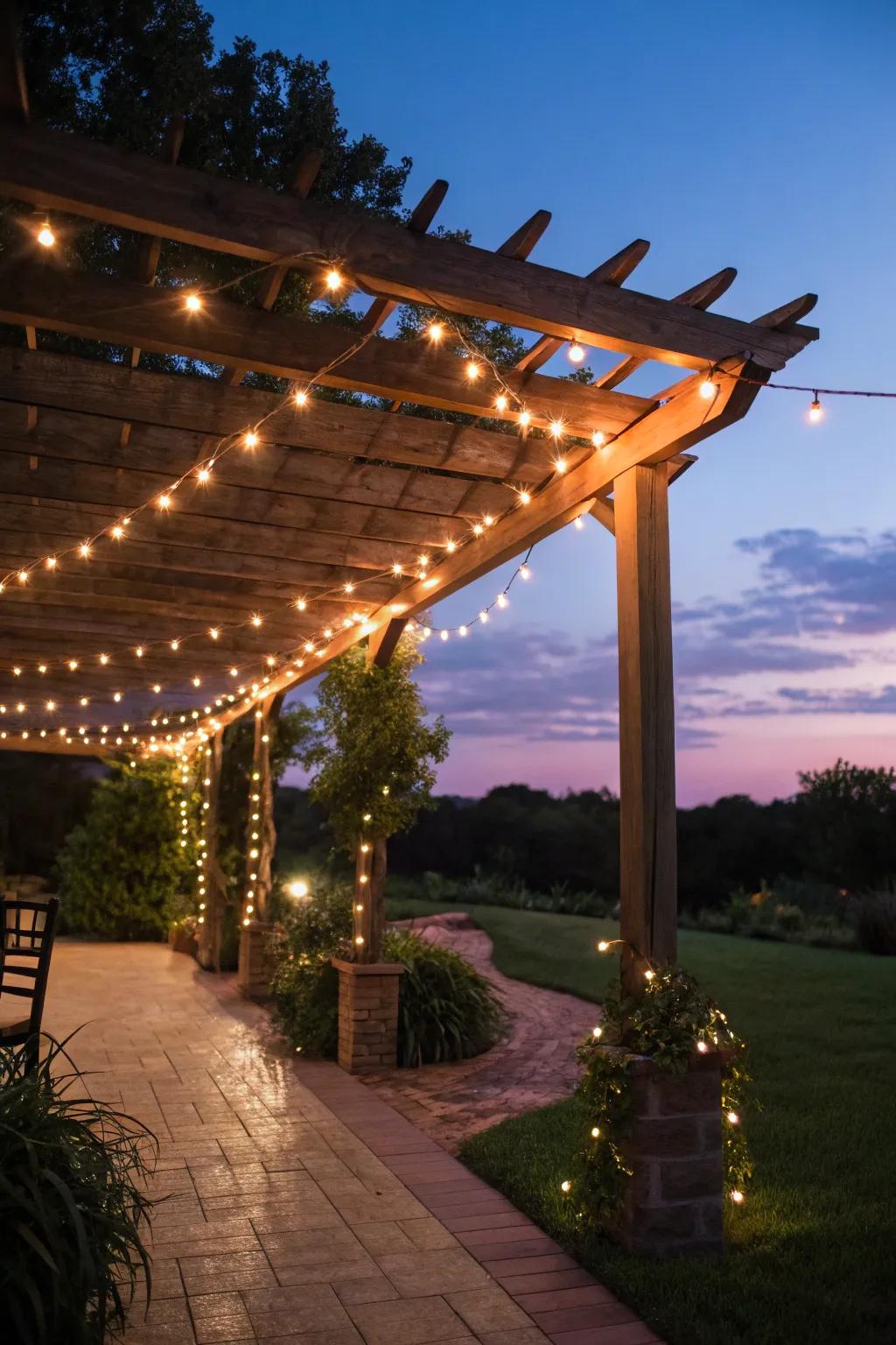 Festoon lights impart a magical touch to your pergola at night.
