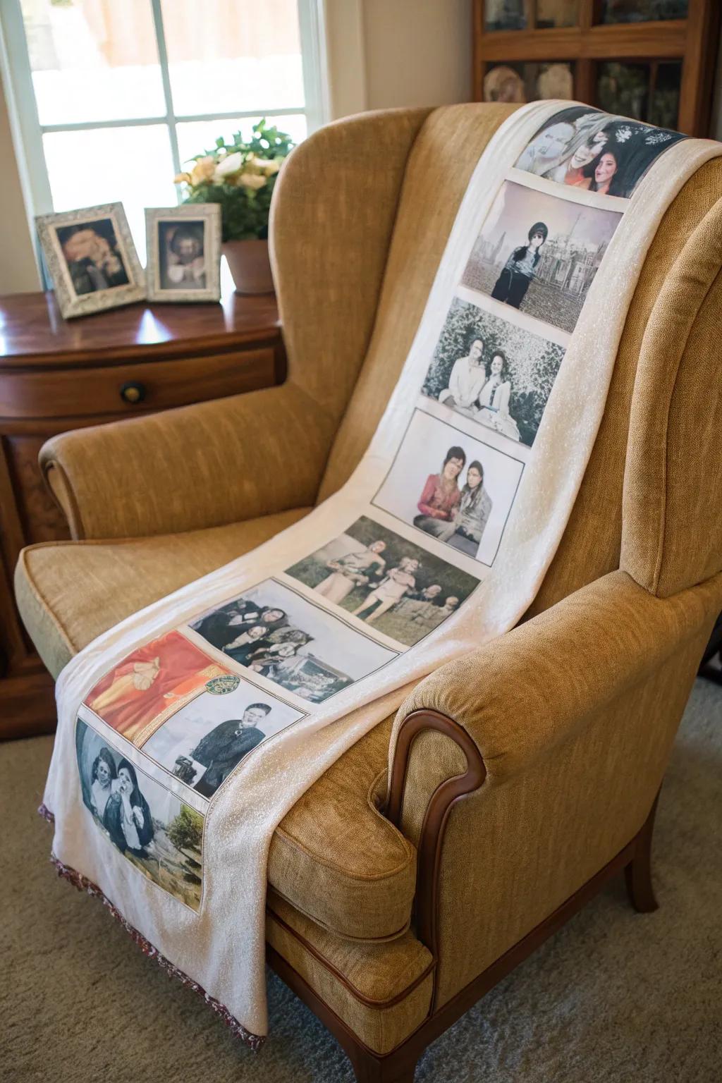 A throw featuring a timeline of snapshots, ideal for revisiting cherished memories.
