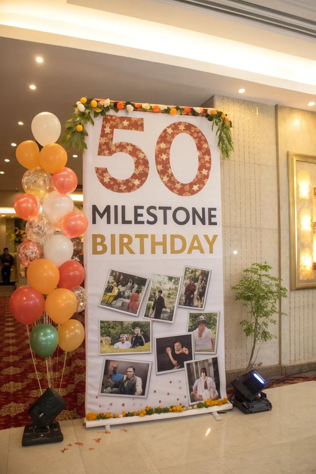 A milestone birthday banner featuring big numbers and photos.
