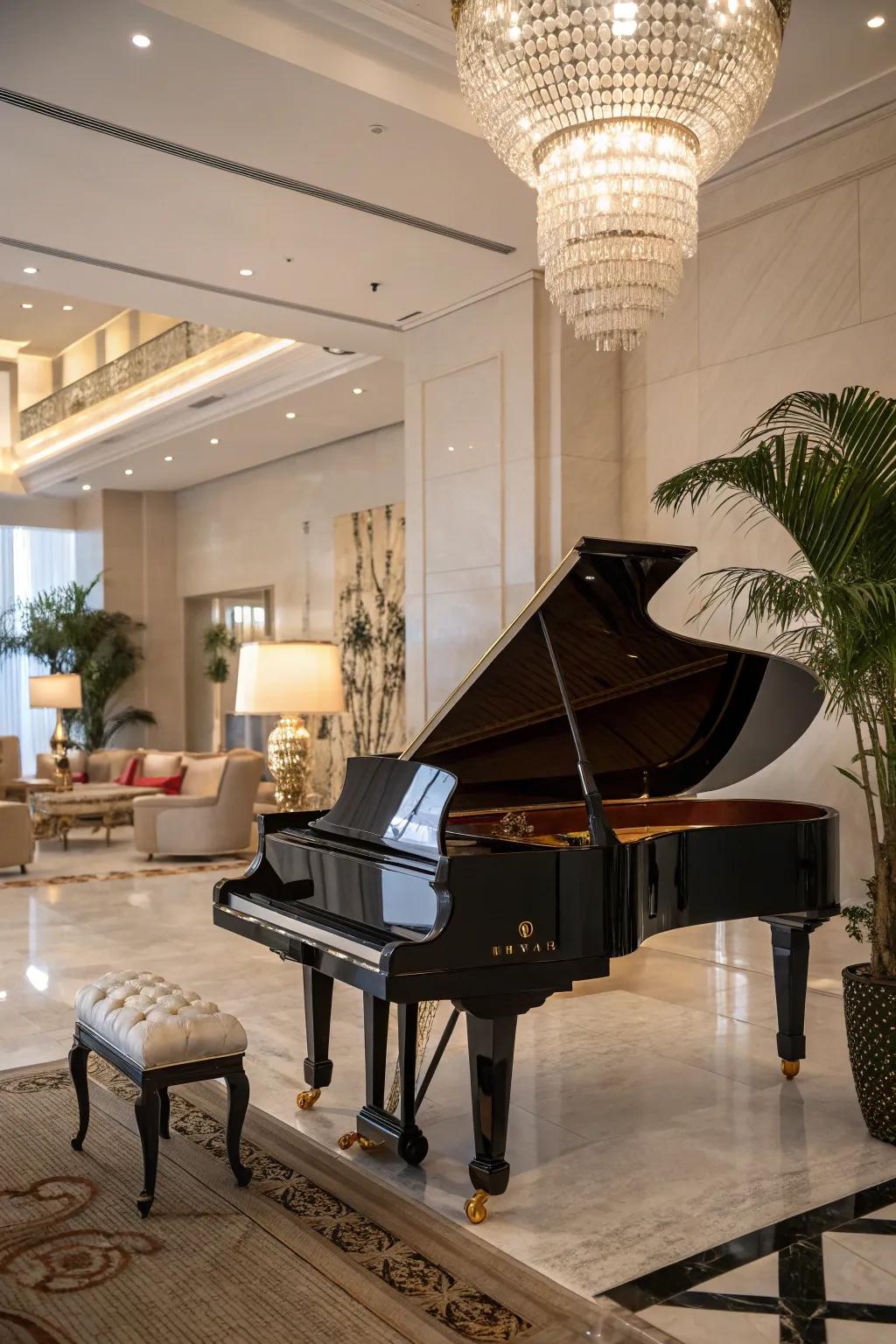 The piano assumes center stage as the room's core attraction.