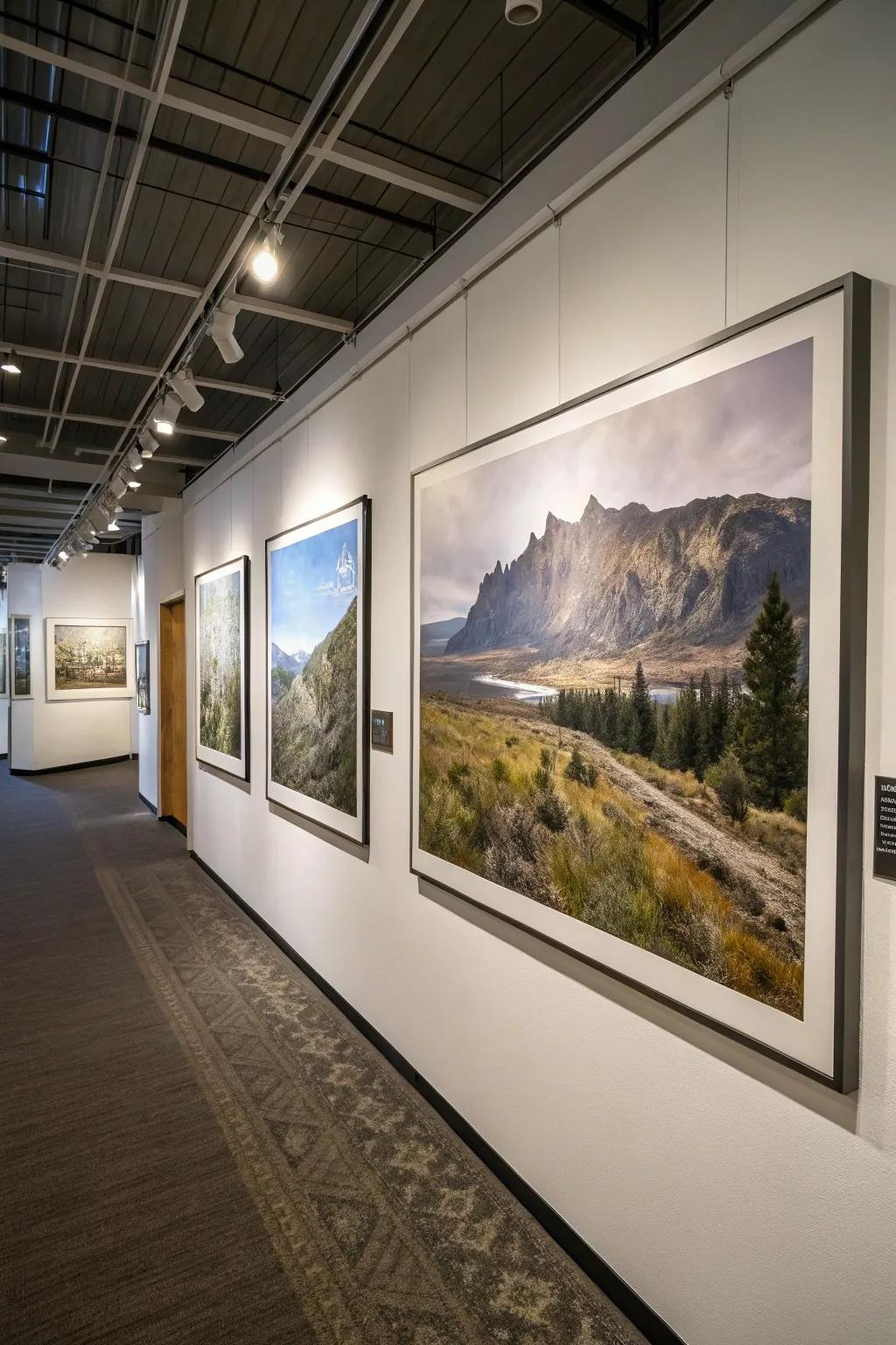 A triptych display showcasing a panoramic vista.