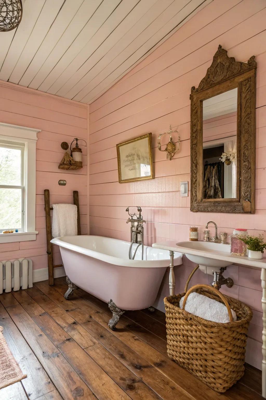 Rose paneling walls bring country appeal.