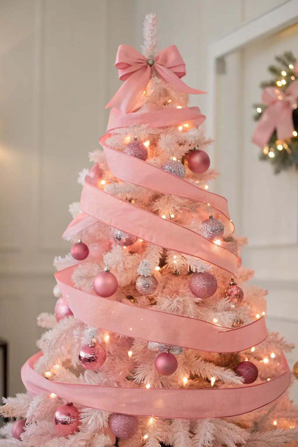 Layered silk bands affix a hint of opulence to this rosy tree.