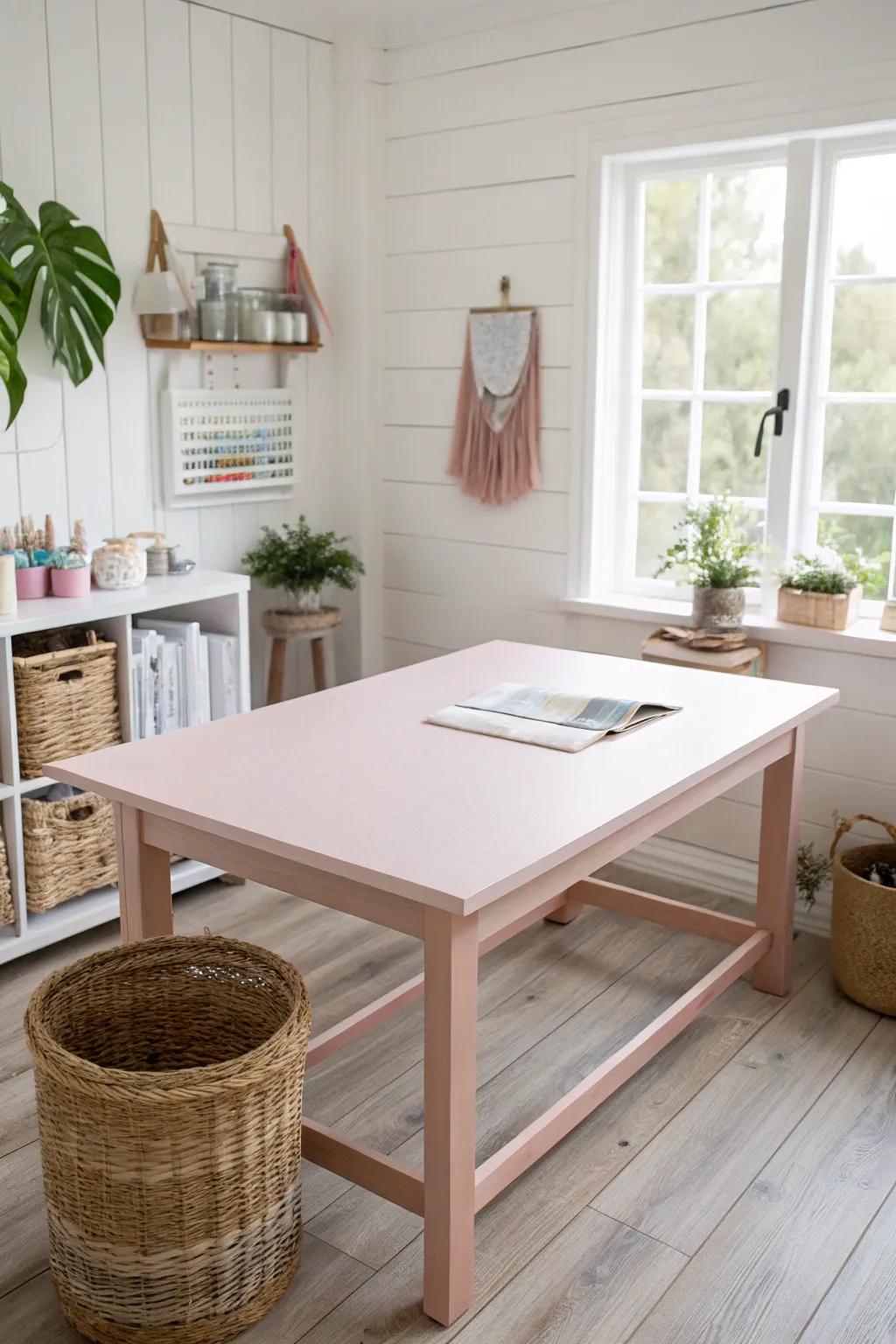 Elevate your ingenuity with a charming rose crafting desk in a minimalist arrangement. #CreativeSpaceGoals