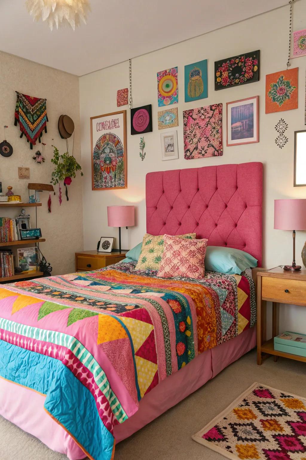 A lively and creative sleeping space with a varied patchwork headboard.