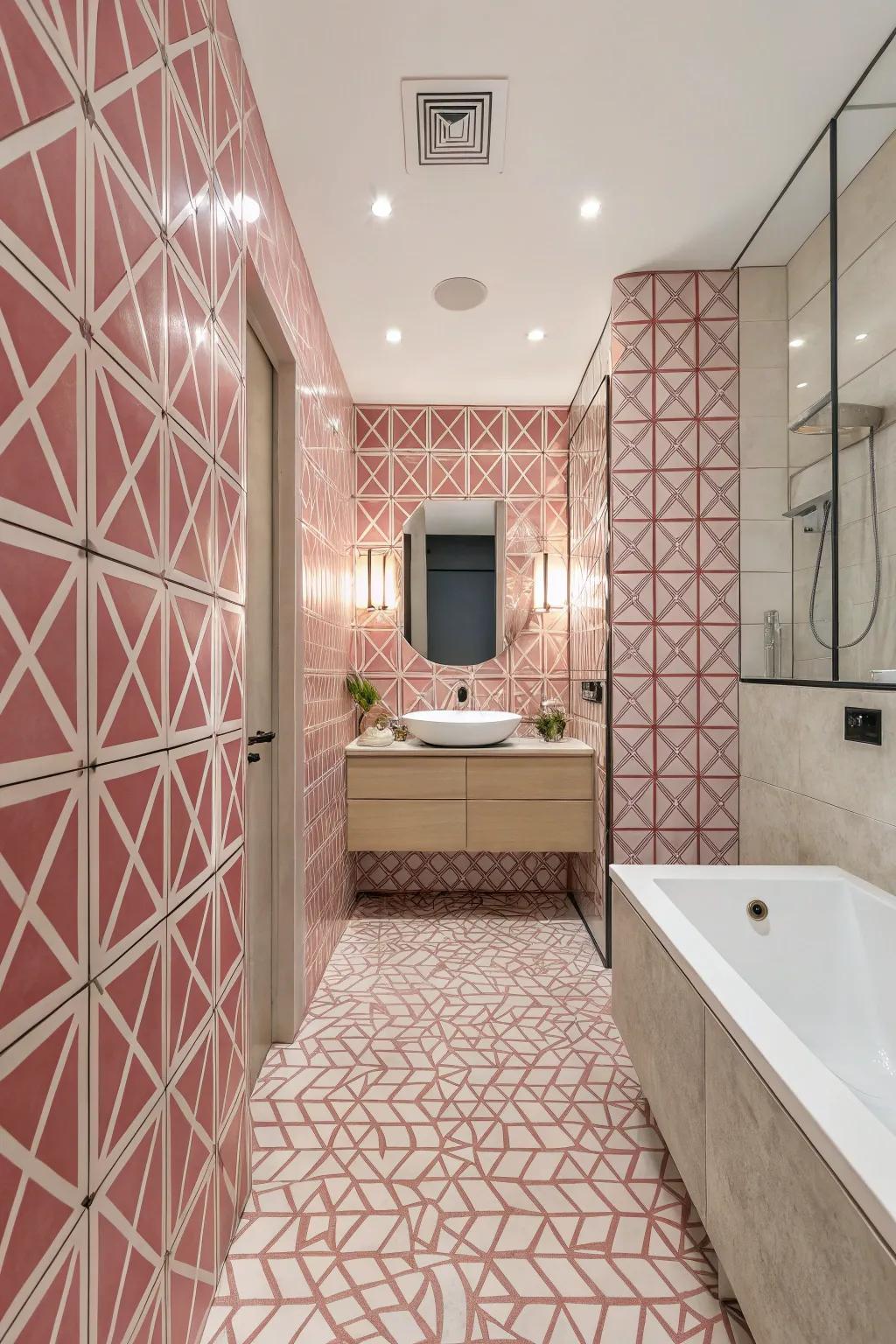 Pink shape tiles making a bathroom look modern.