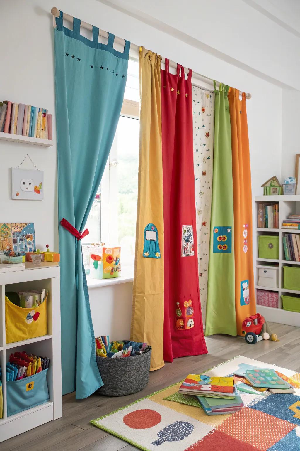 Interactive curtains serve as fun elements in the playroom.