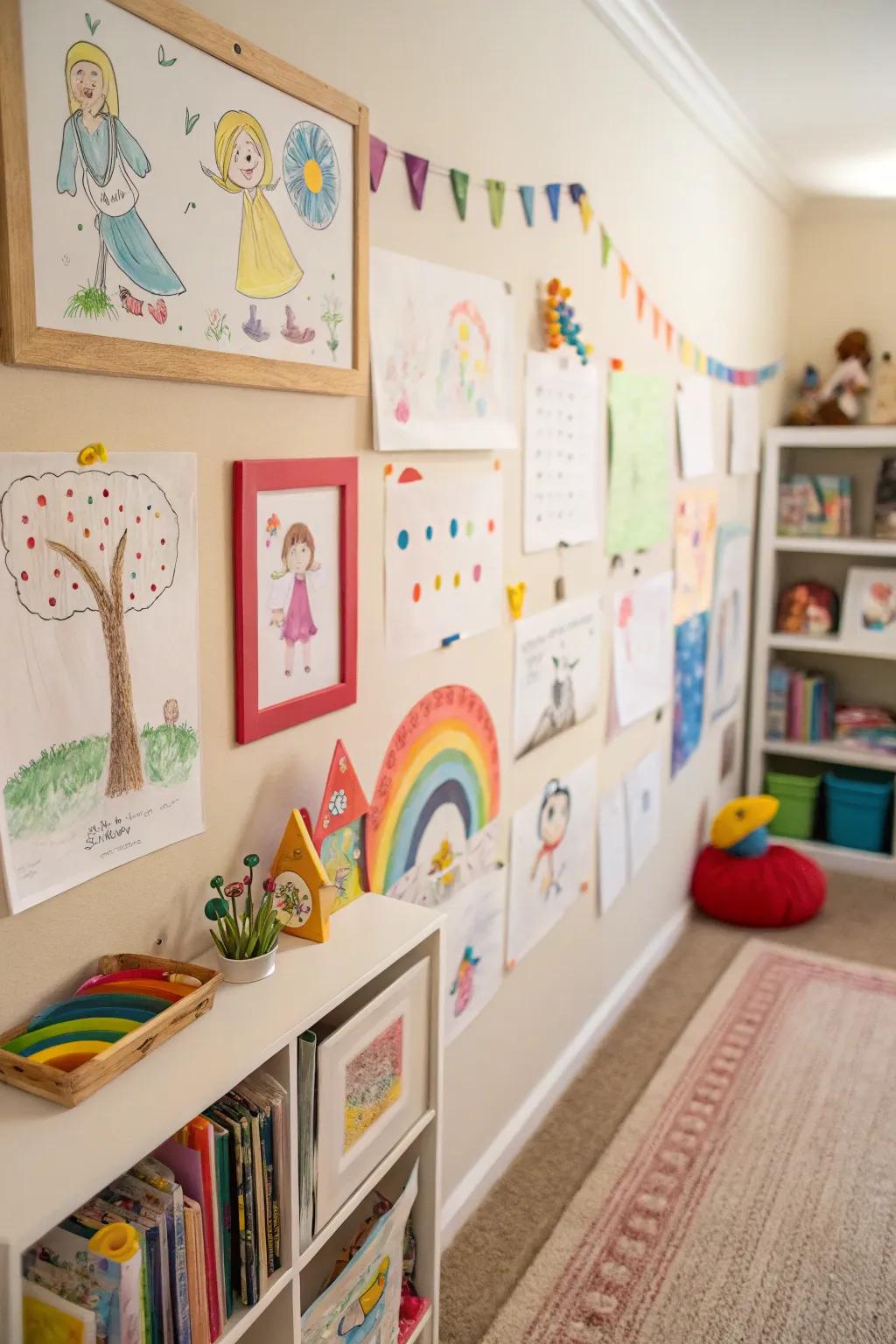 Children's artwork adds a personal and colorful touch.