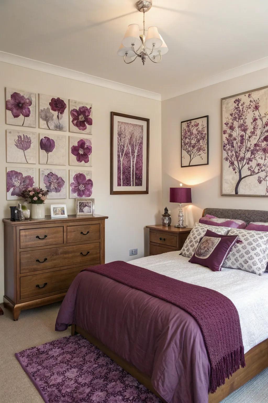 Lavender art enhances the room's color scheme.