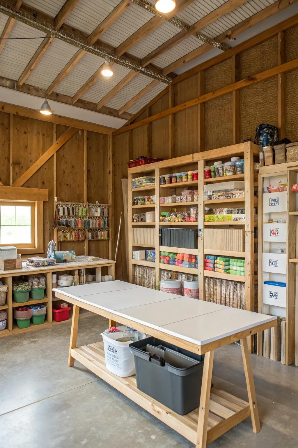 A craft station inside a pole barn, providing ample storage and workspace.