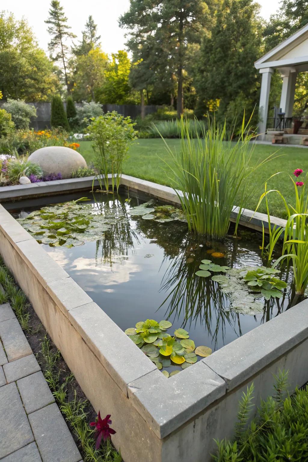 An elevated pond bed makes aquatic beauty safely viewable and approachable, offering peace of mind.
