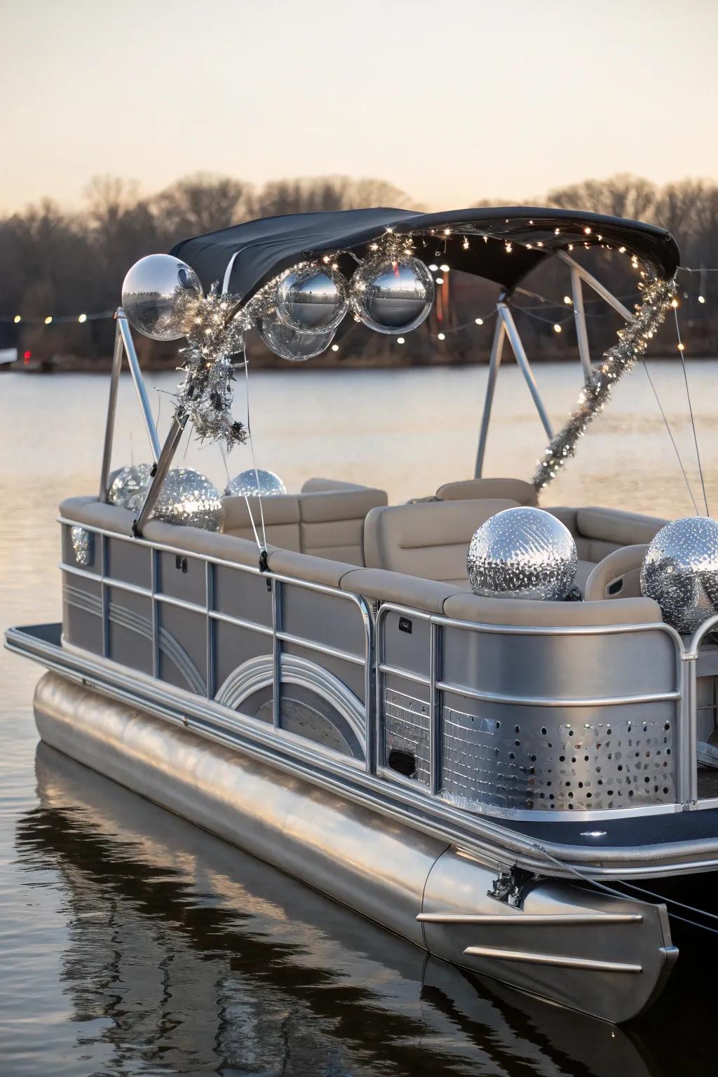 A modern-themed pontoon boat featuring metallic accents and modern style.