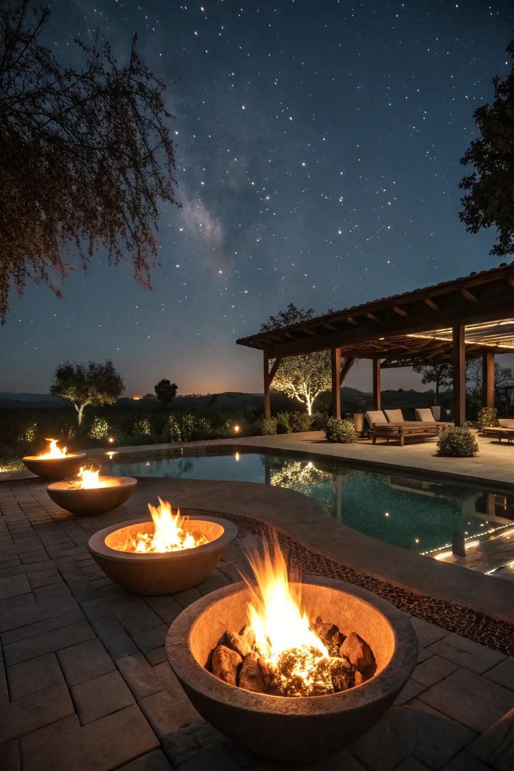 Fire vessels add drama and warmth, perfecting your poolside adventure.