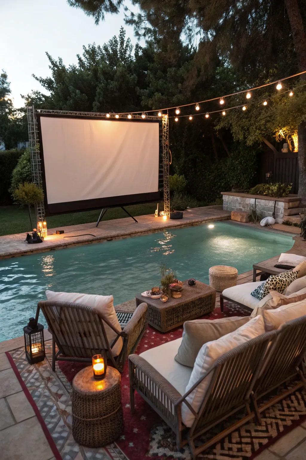 A poolside movie night adds entertainment under the stars.