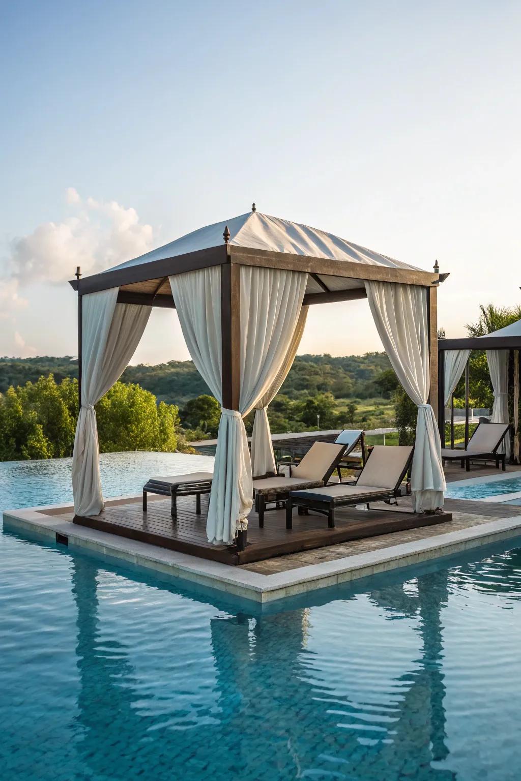A lavish drifting cabana presenting a singular poolside experience.