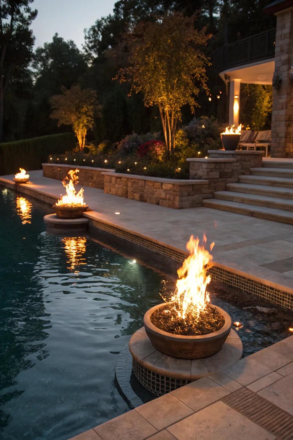 Flame features introduce a dramatic and warm ambiance to poolside settings.