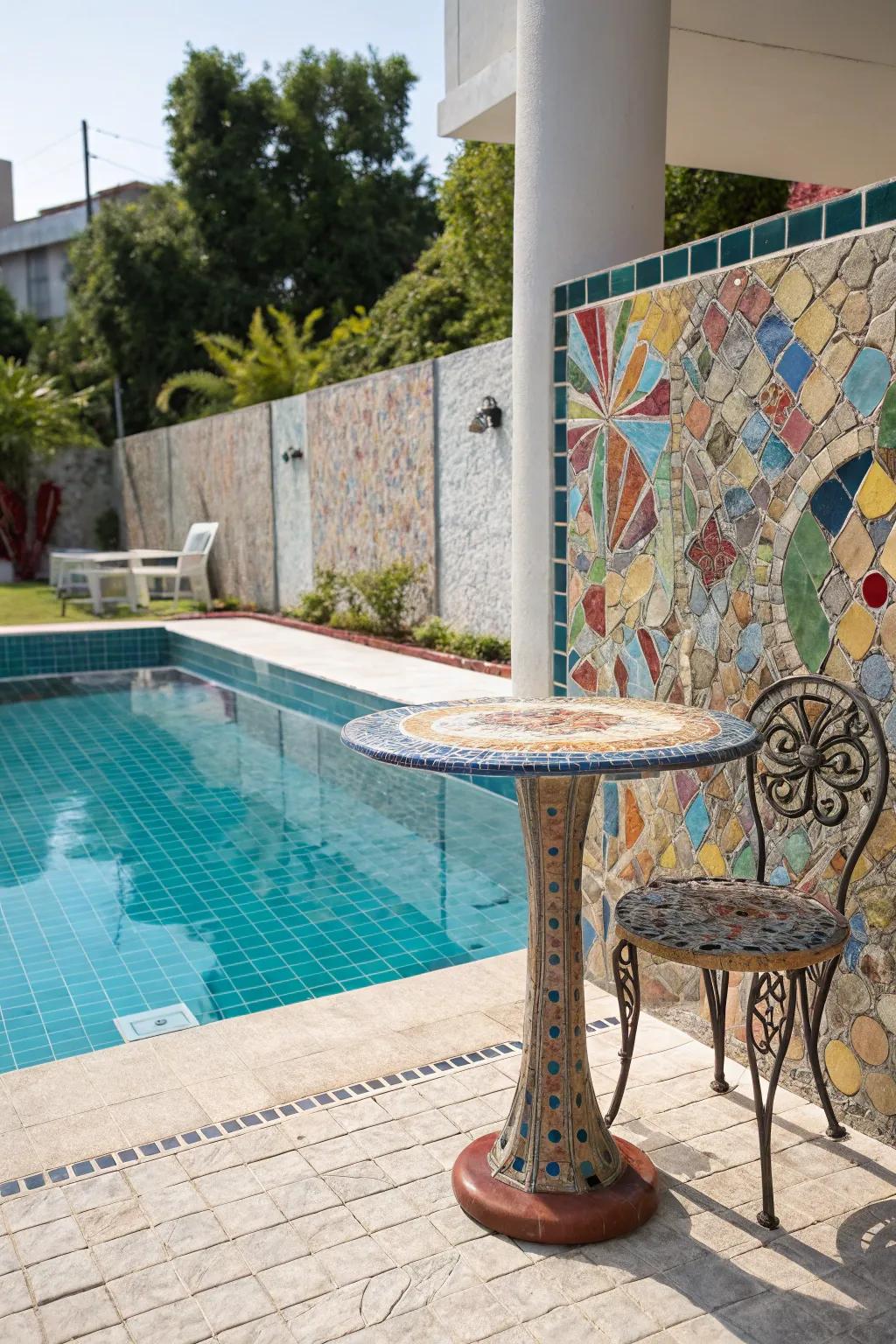 Mosaic tiles provide a vibrant and artistic enhancement to your poolside design.