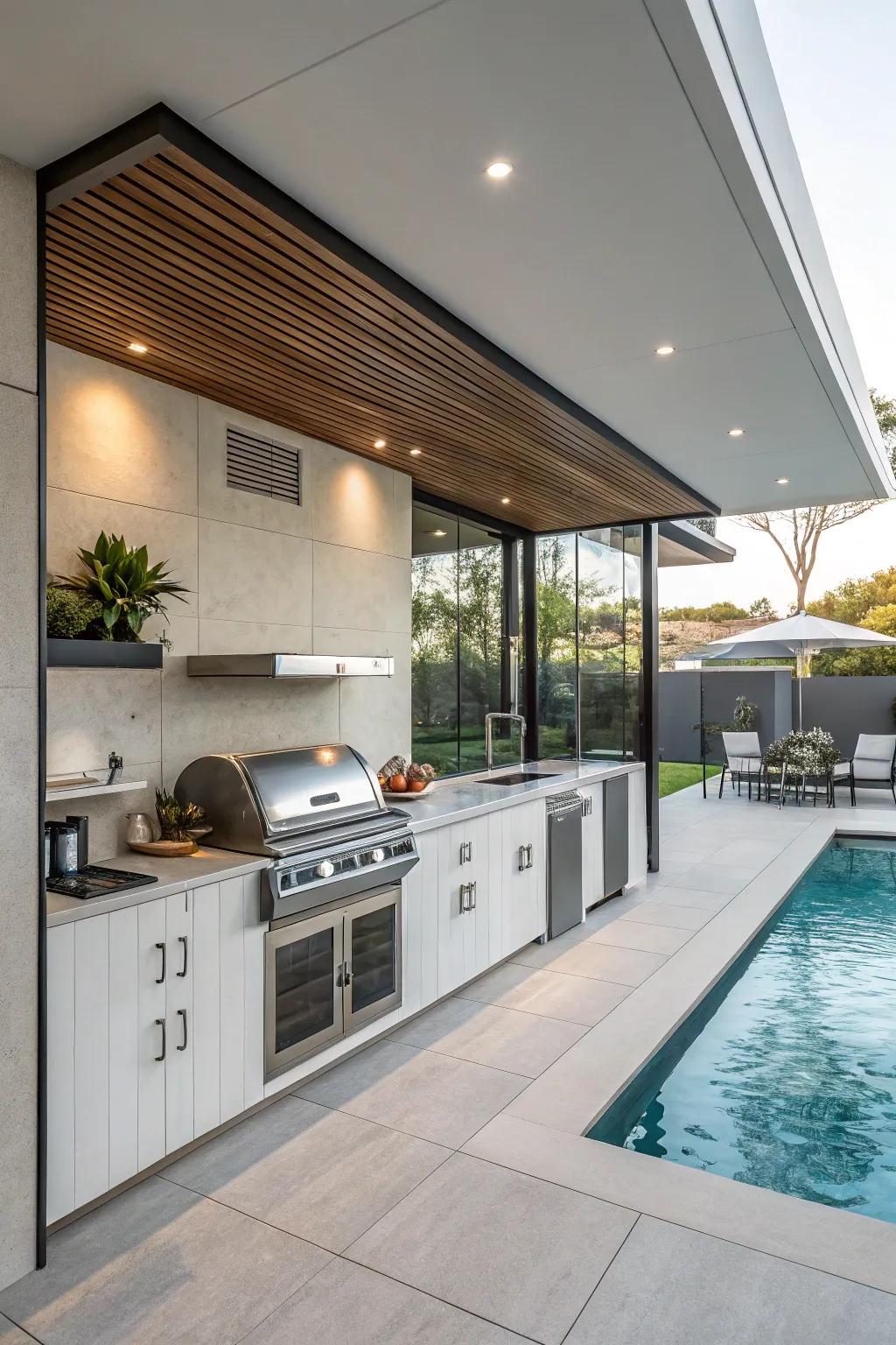 An integrated roaster is impeccable for poolside barbecues.