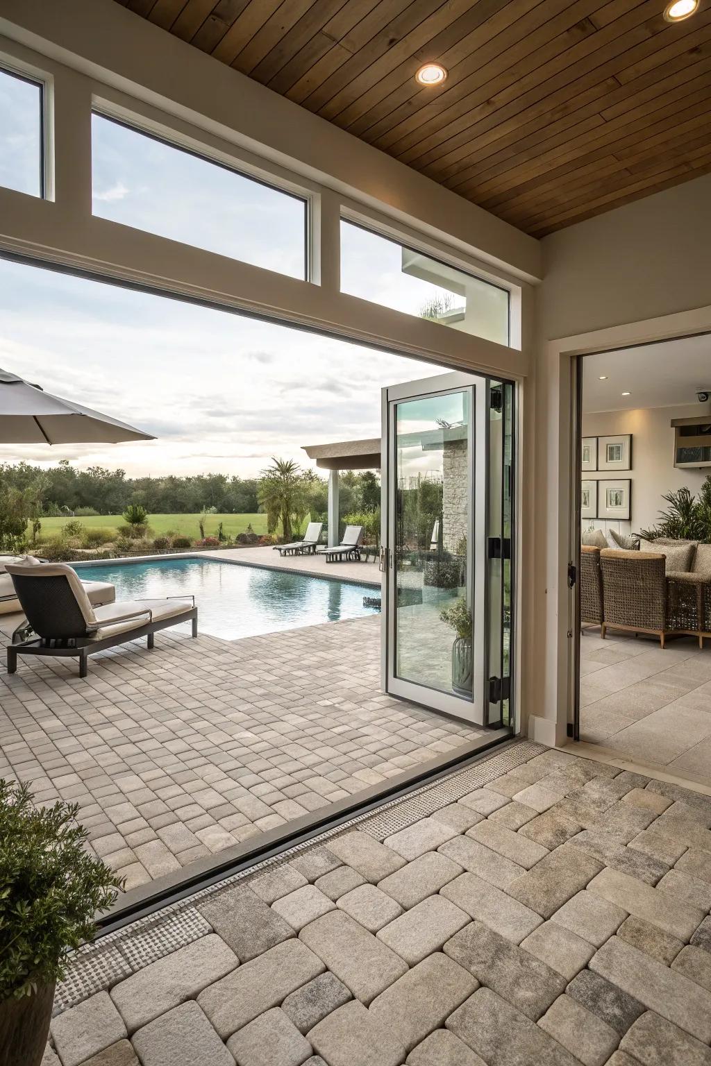 Matching pavers create a smooth transition from indoors to outdoors.