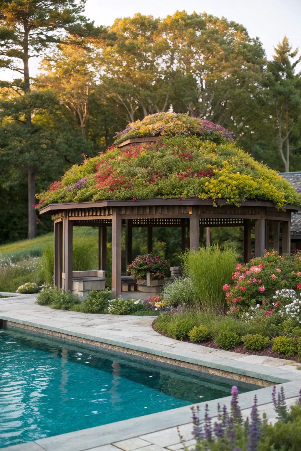An eco-conscious green roof adds a unique natural element to your pool shelter.