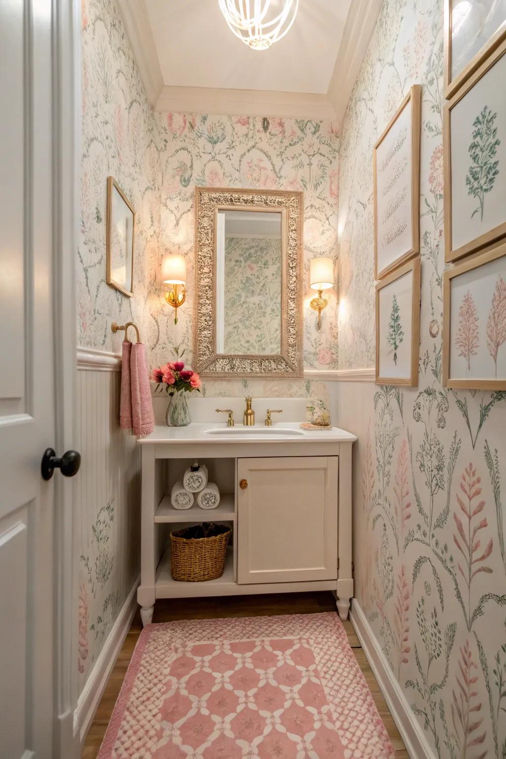 Freehand motifs contribute a whimsical, personal stamp to your guest bath.