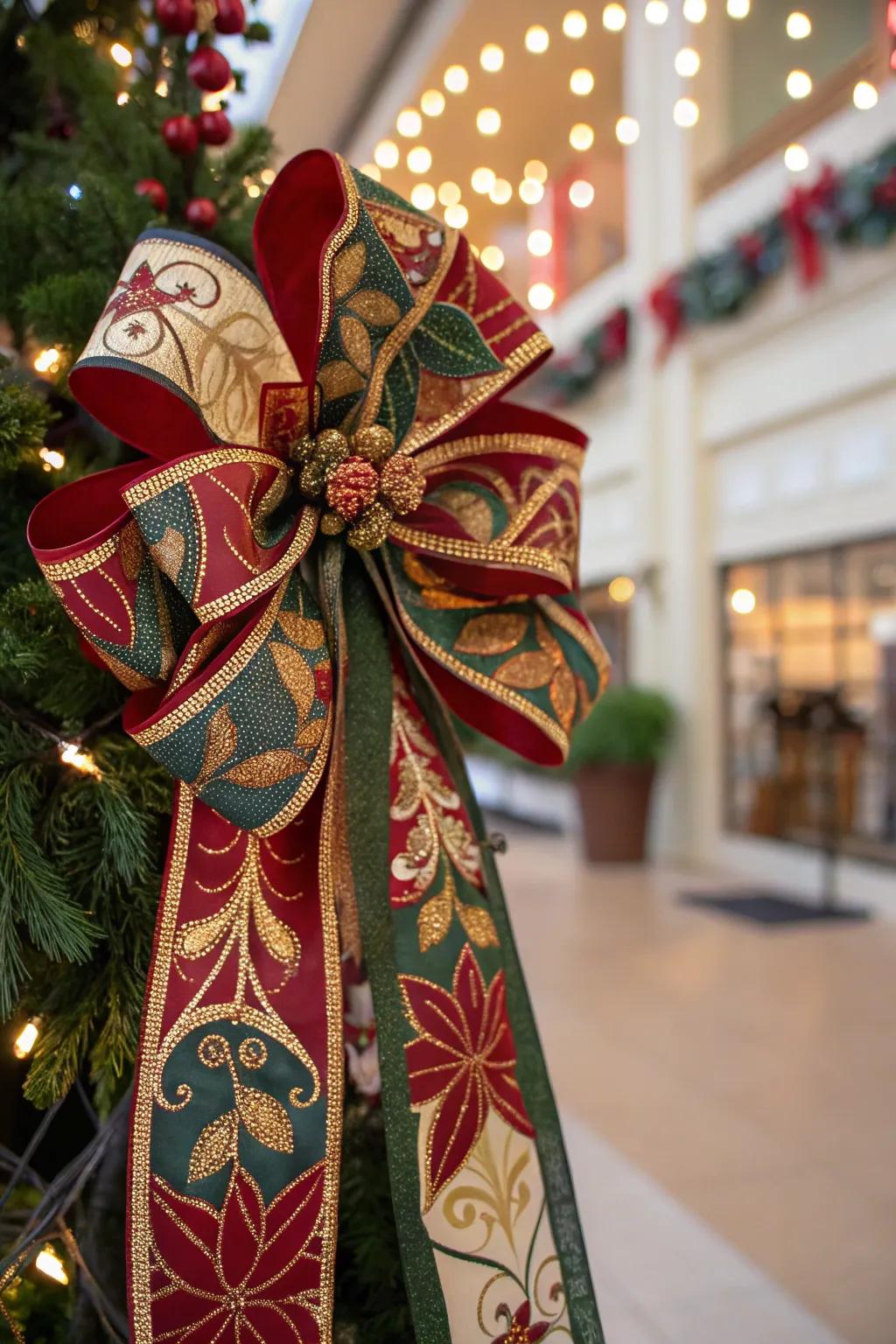 An intricate Christmas ribbon imparts elegance.