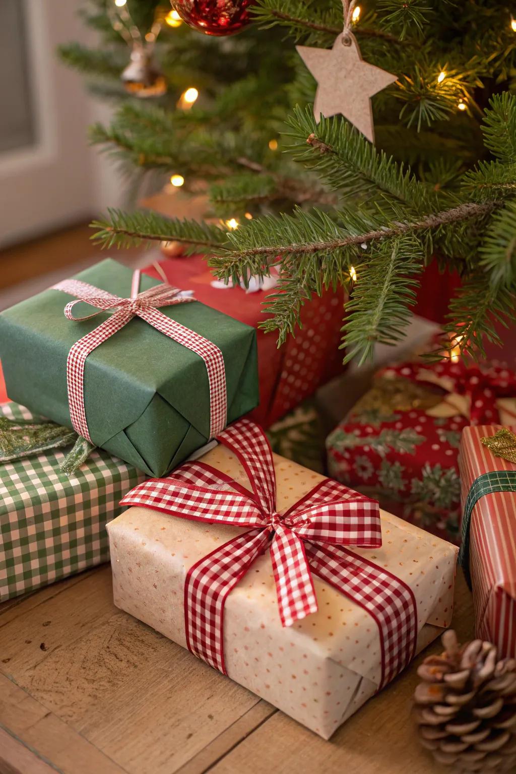 Gingham textiles add a playful yet classy touch to holiday decor.