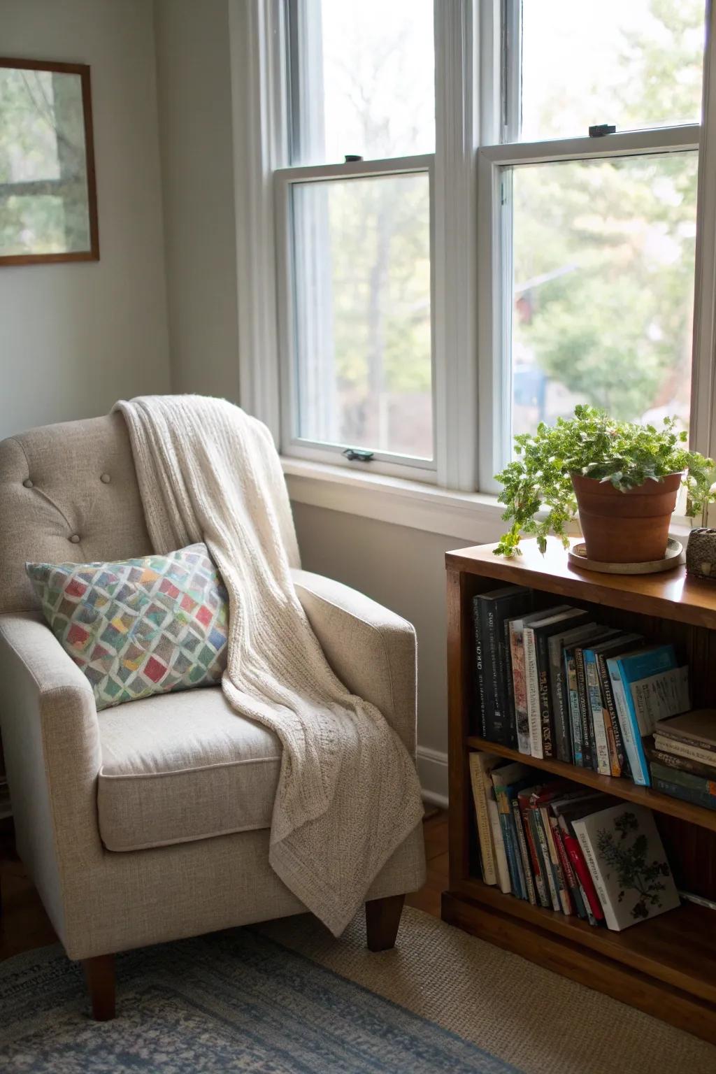 A cozy book space encourages relaxation and literary escape.