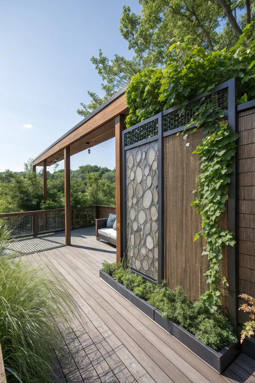 A seclusion display with blended substances imparts depth and intrigue to a deck.