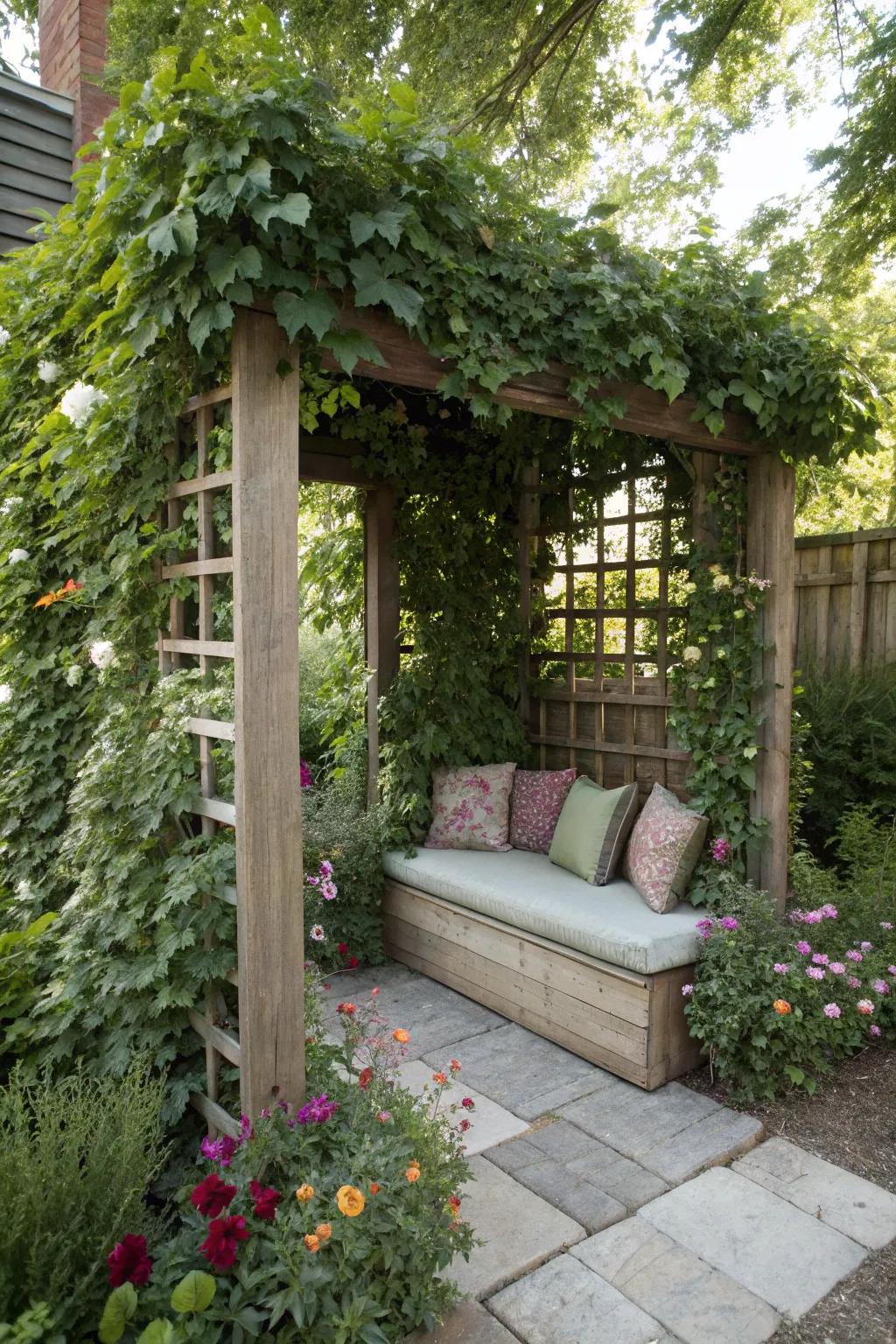 Blend comfort and privacy with a trellis featuring integrated seating.