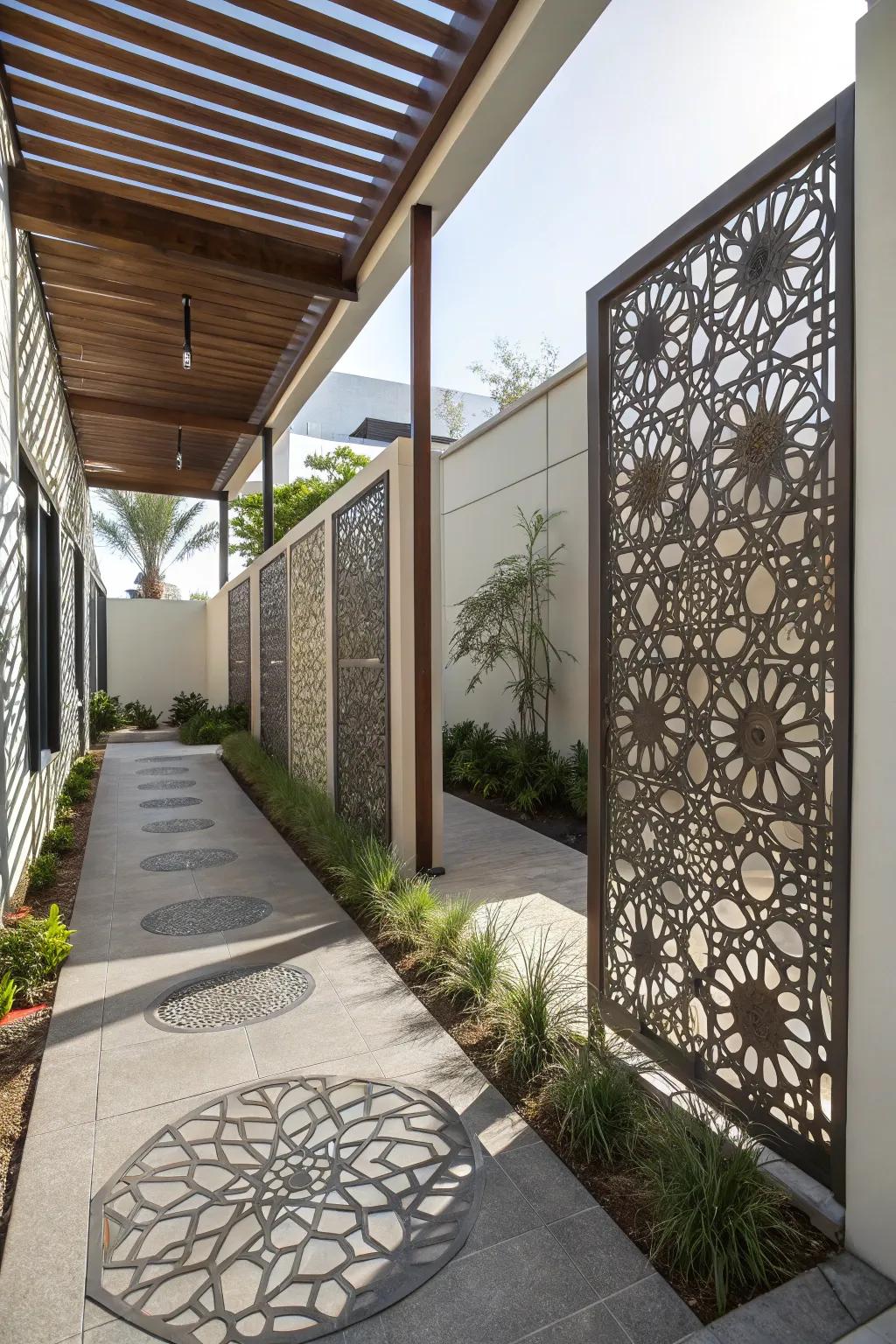 Metallic screens with laser-cut patterns offer privacy with a contemporary twist.
