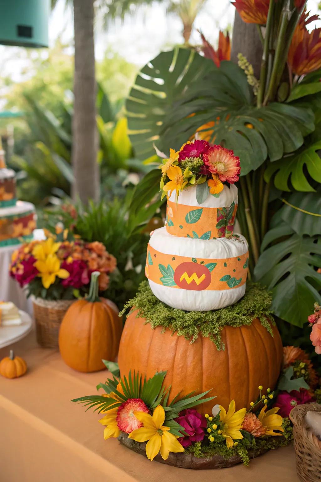 Tropical gourd nappy cakes impart warmth and radiance to an autumnal theme.