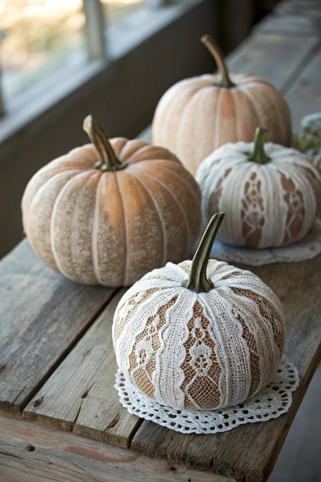 Pumpkins wrapped in netting emanate vintage charm, elevating autumn decorations.