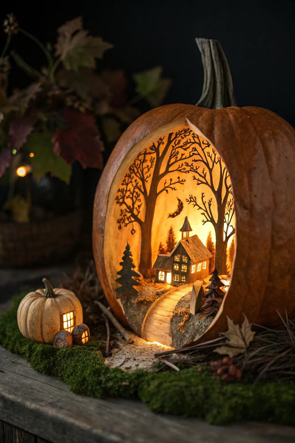 A magical gourd diorama showcasing a miniature village.