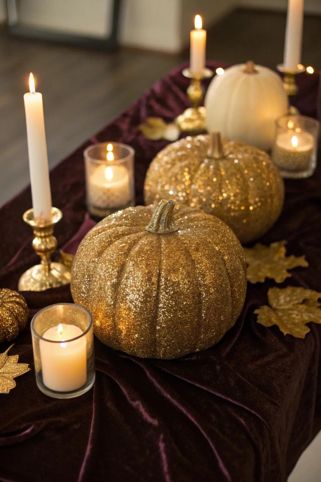 Craft a captivating display with glamorous, glitter-covered pumpkins.