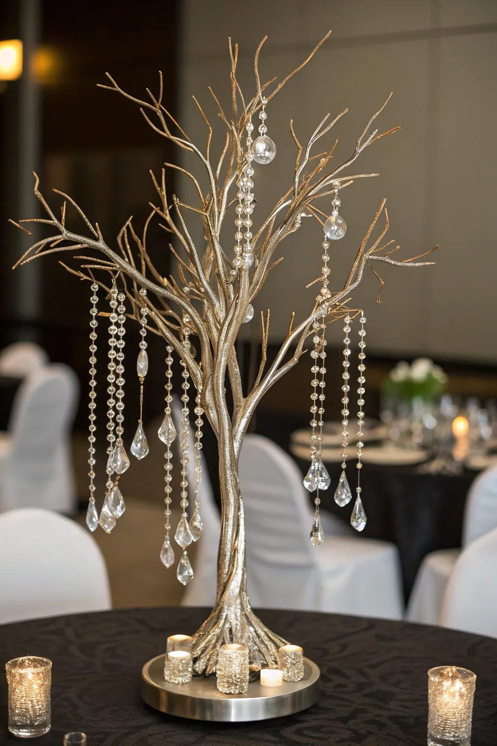 Dangling crystals introduce a shimmering and glamorous touch.