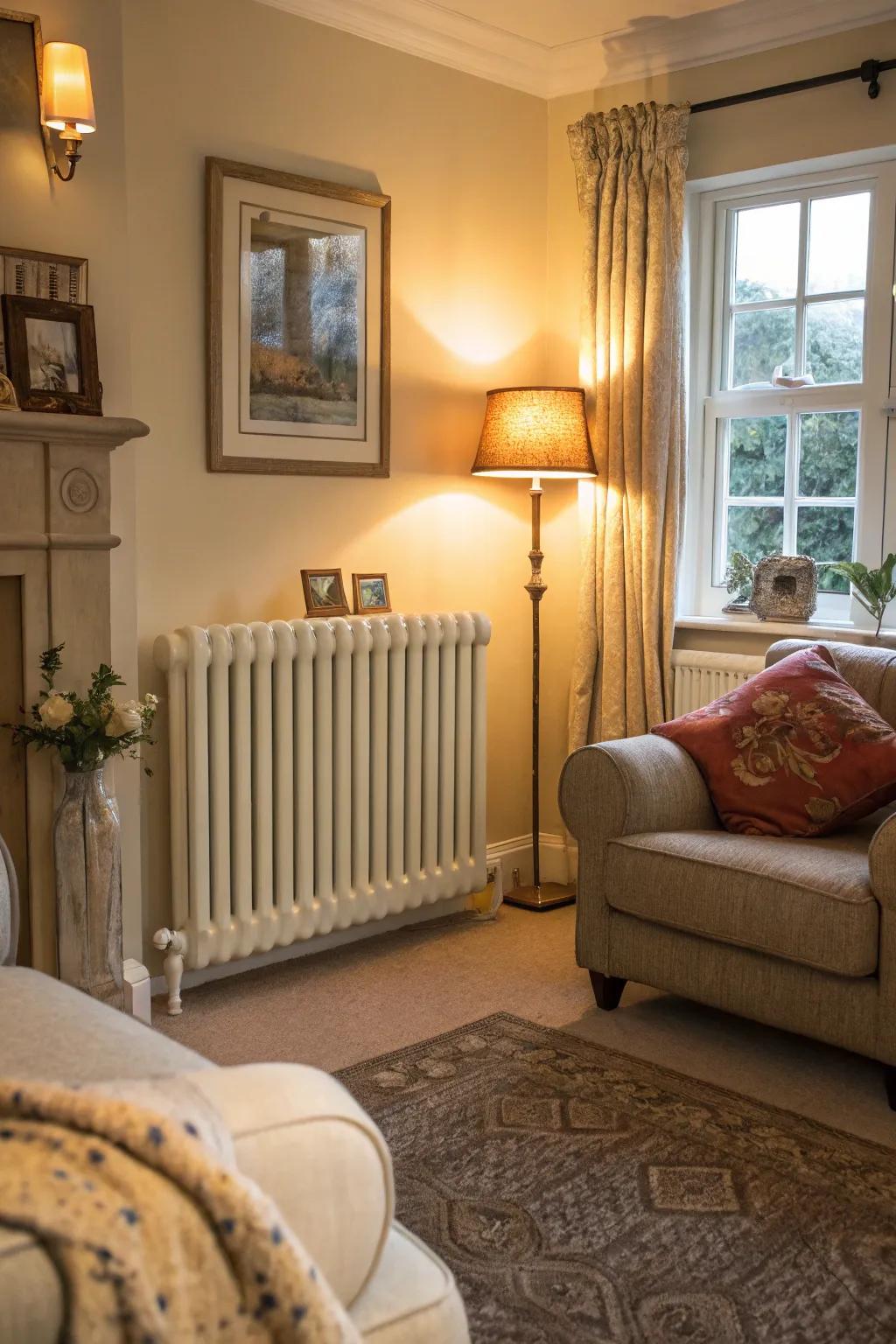 Crème radiators encourage cozy cohesion.