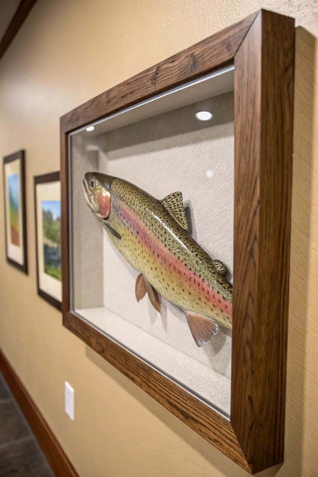 An artistic shadow box brings depth and class to the rainbow trout display.