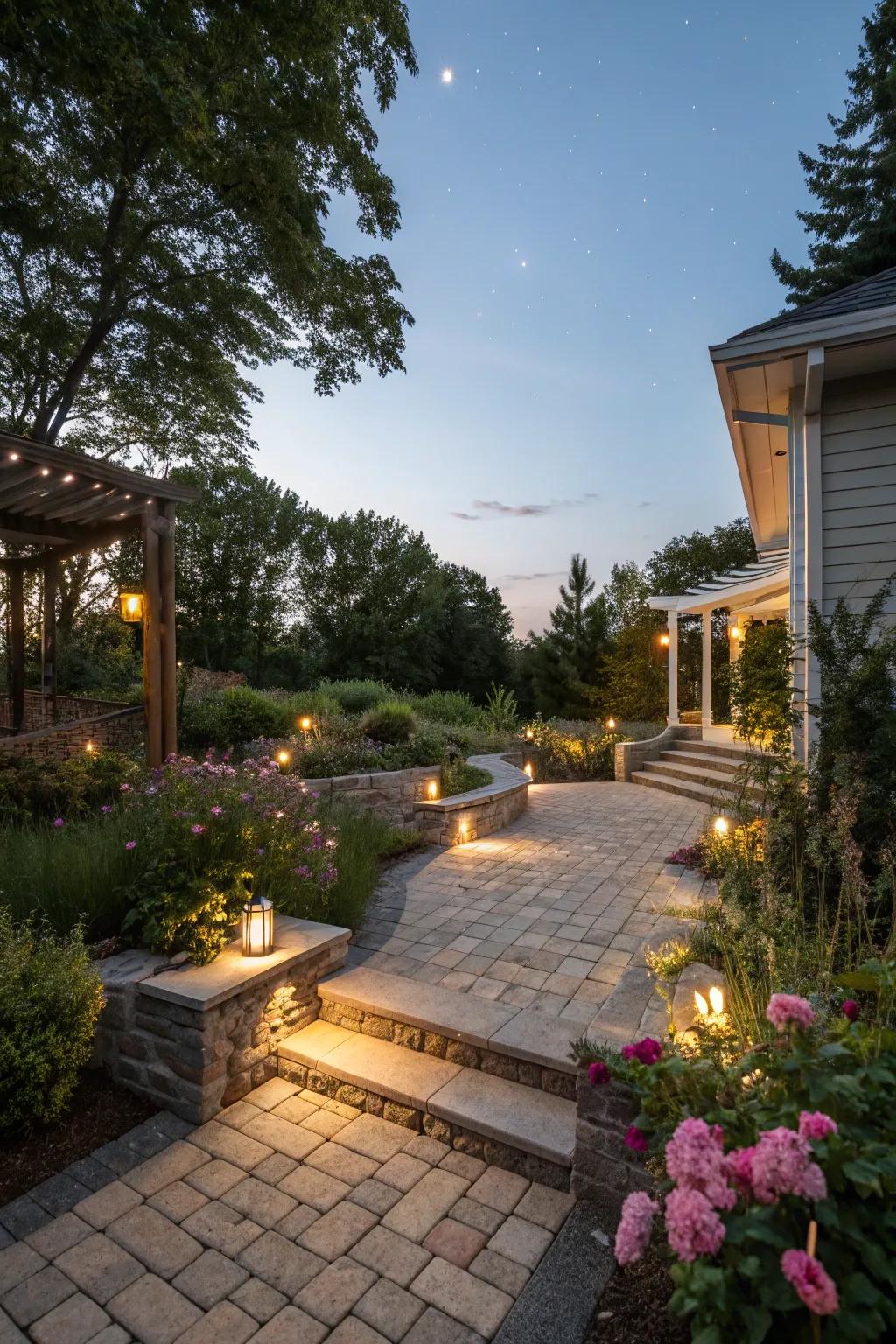 Pathway illumination appends safety and ambiance.