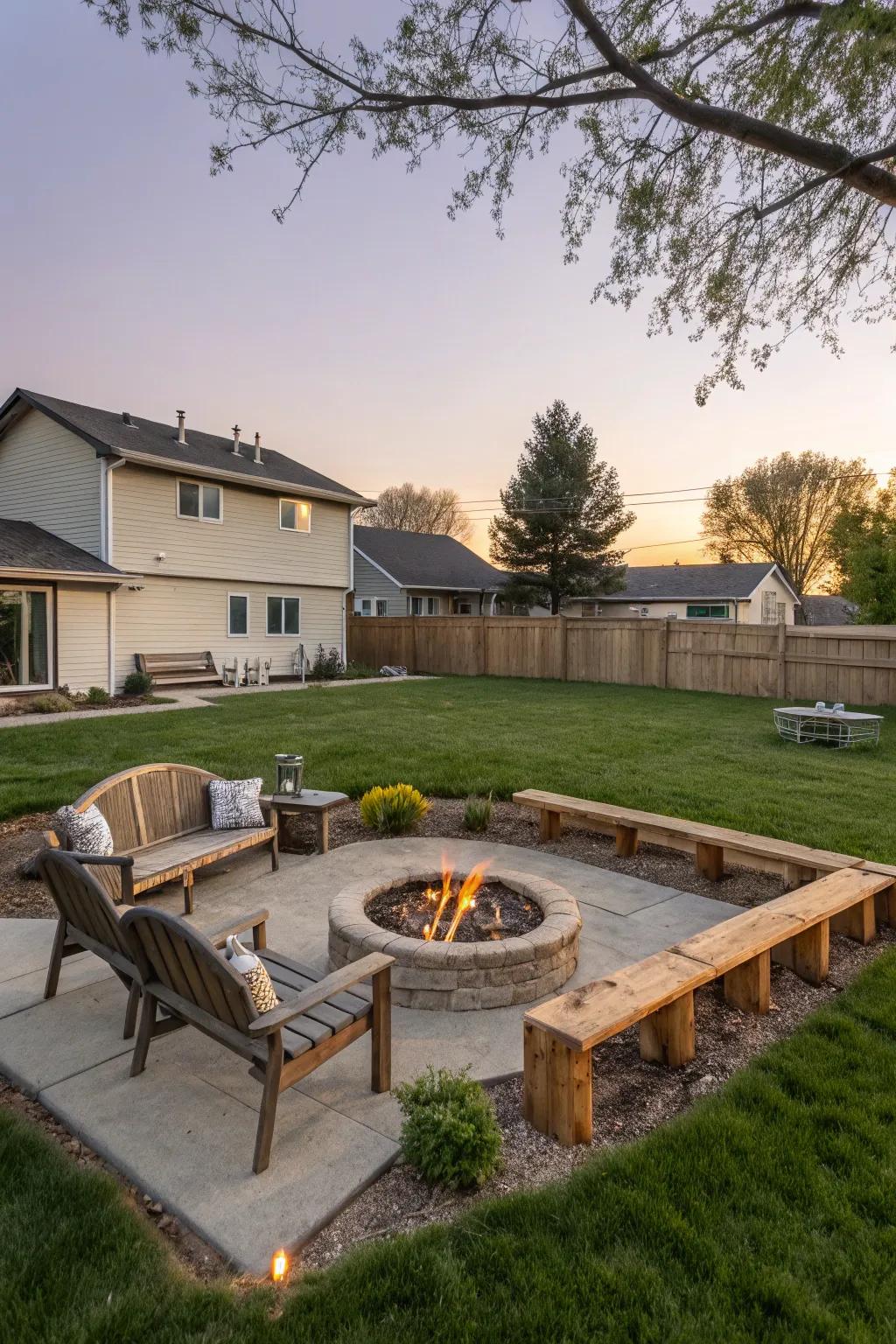 A snug fire pit in the backyard of a raised ranch, ideal for get-togethers.