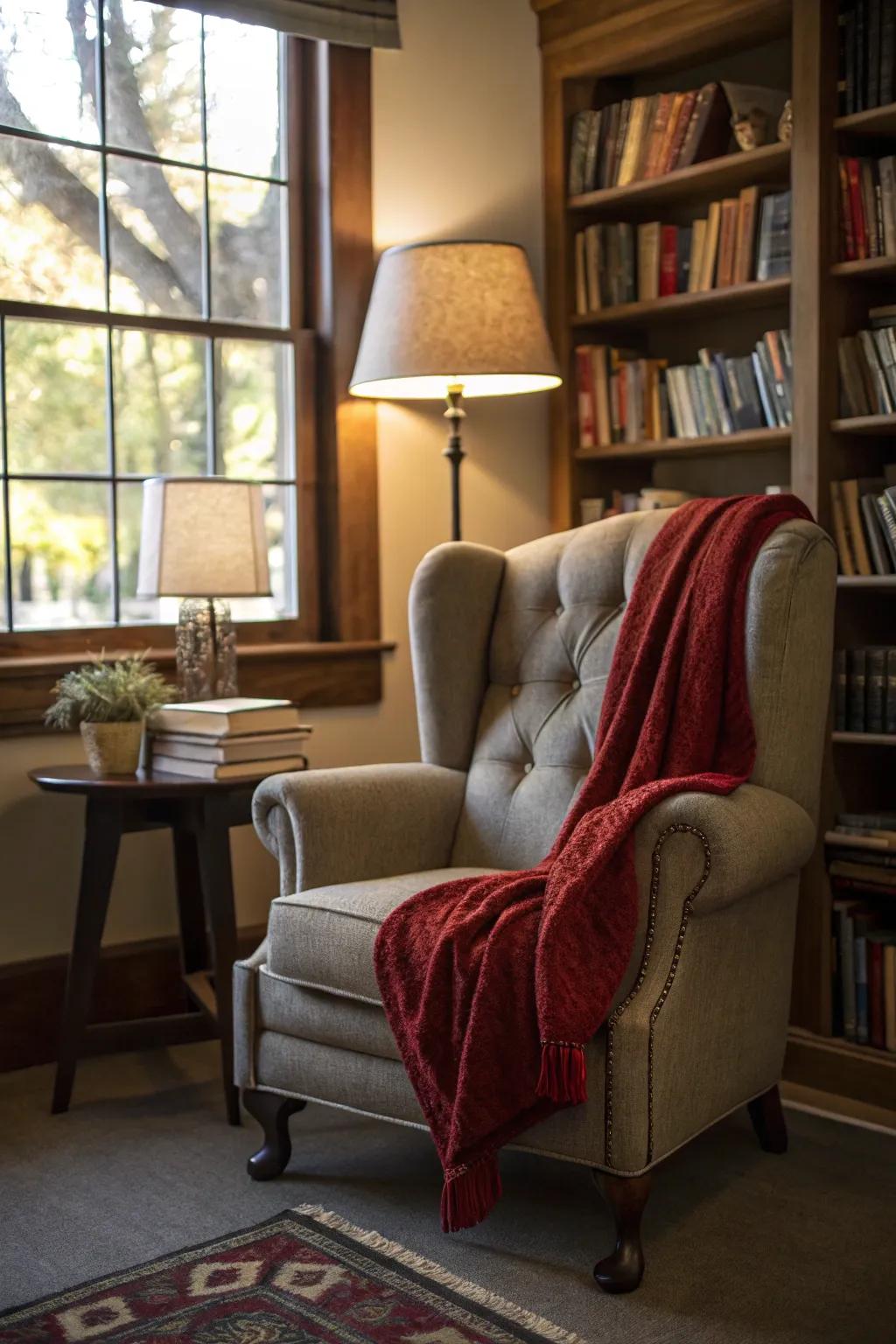 A reading nook featuring a grey armchair and a crimson throw.