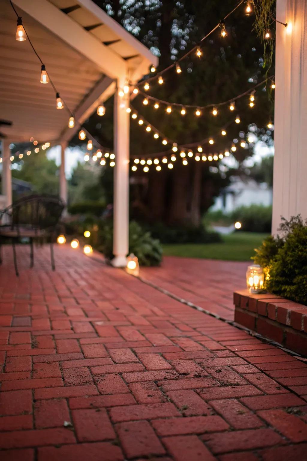 A red brick patio brightened by romantic fairy lights