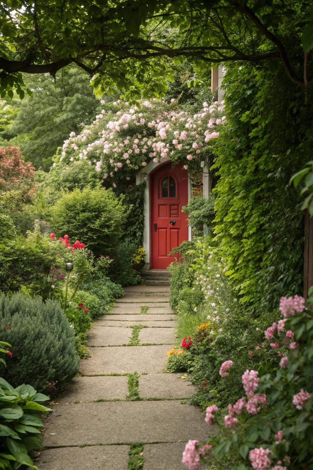 Enchanted garden path leading to a crimson door.