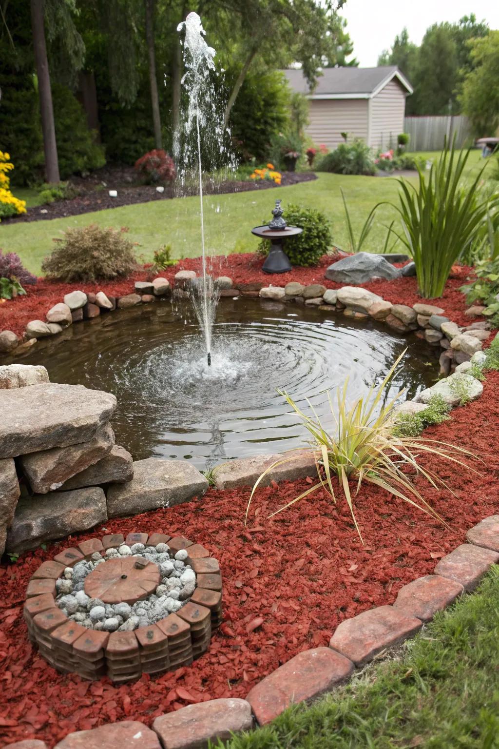 Vibrant mulch accents water features, drawing attention to garden ponds and fountains.